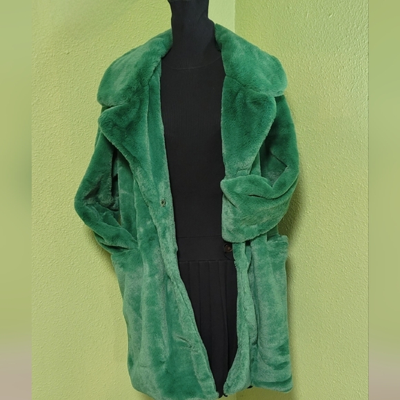 Luxurious Green Plush Faux Fur Coat Sz L - Picture 7 of 12